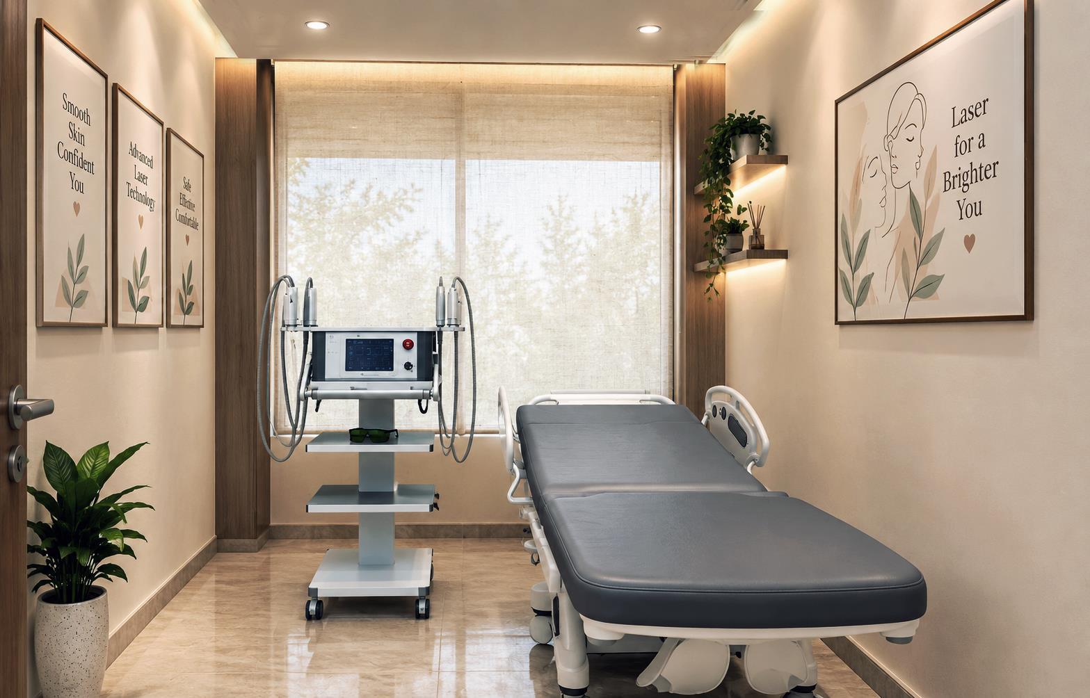 The laser room — a treatment bed and laser device in a warm, softly lit room