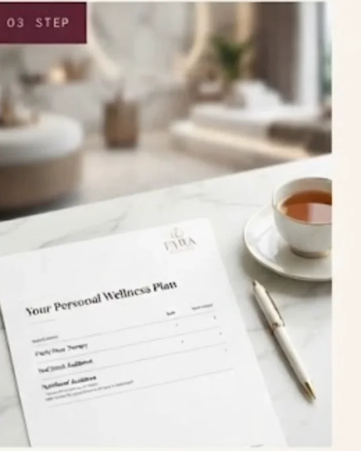 A printed personal wellness plan beside a cup of tea